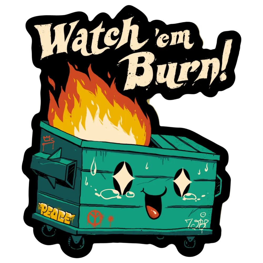 Cartoon dumpster with flames and 'Watch 'em Burn!' text on a yellow background