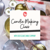 Promotional graphic for a candle making class with Coco & Sage Candle Company, featuring candles and candle-making materials.